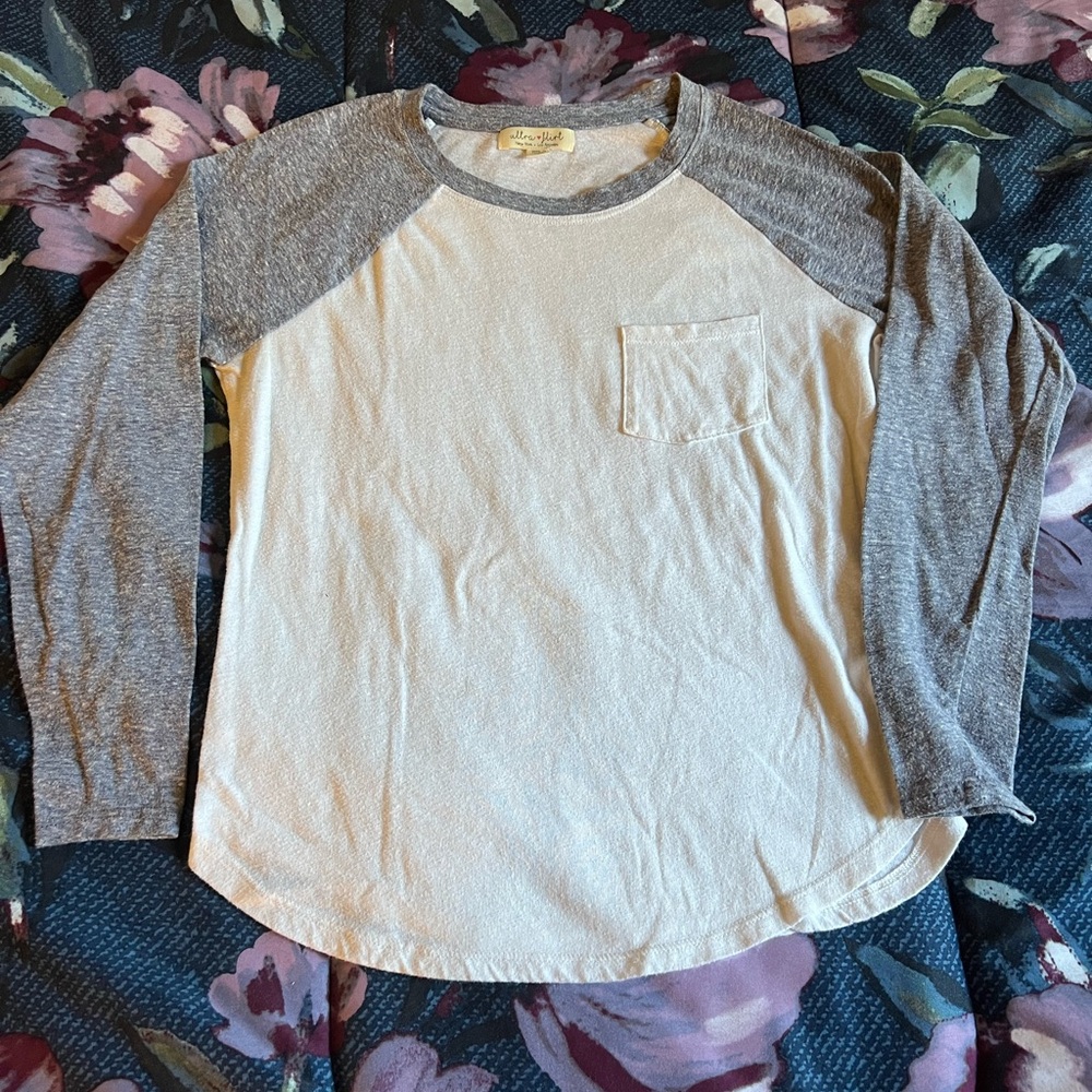 Ultra Flirt small blue and cream white baseball tee. Used but good condition.